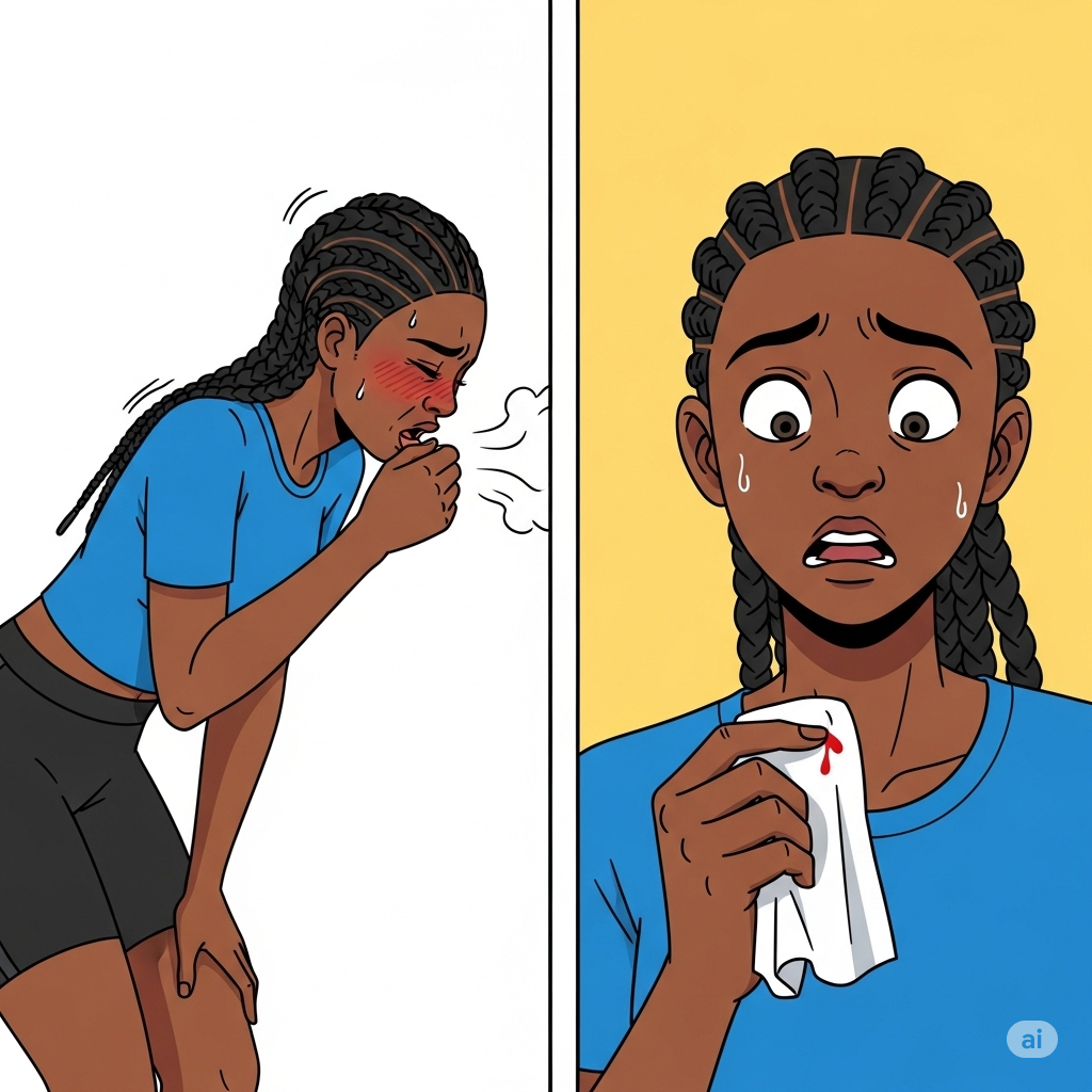 A comic illustrating the patient coughing blood