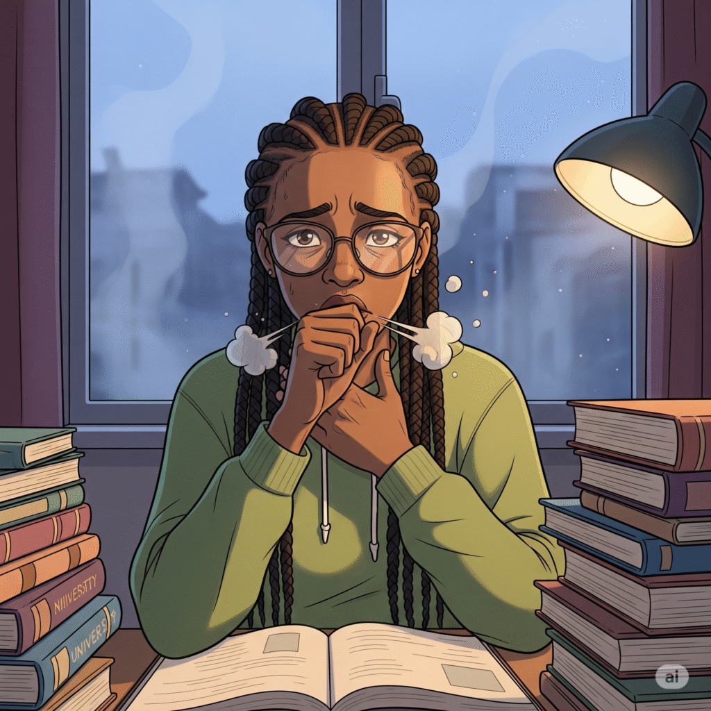 A comic illustrating a young Cameroonian student coughing